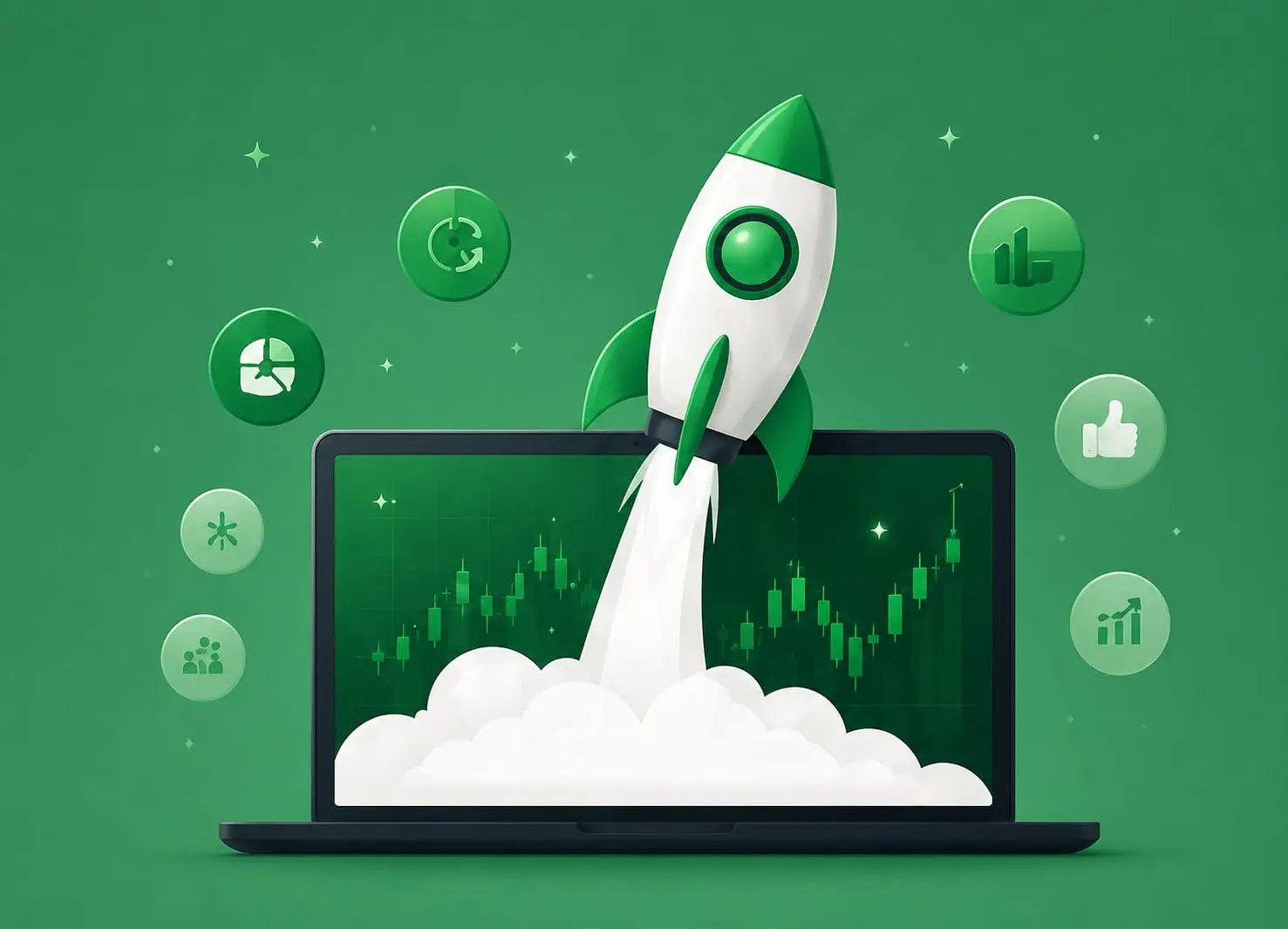 Stock market learning illustration featuring a rocket launch, trading charts, and investment growth for Grovest Academy.