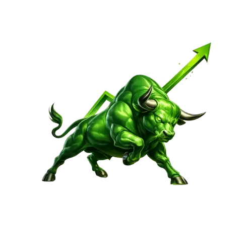 Green bullish stock market bull with an upward arrow representing growth, profit, and positive market trends.
