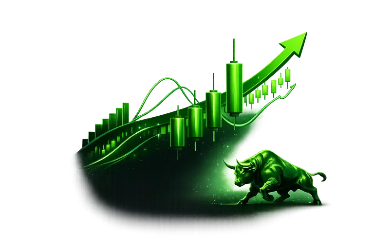 Bullish stock market illustration featuring green candlestick charts, upward trend arrow, and charging bull.